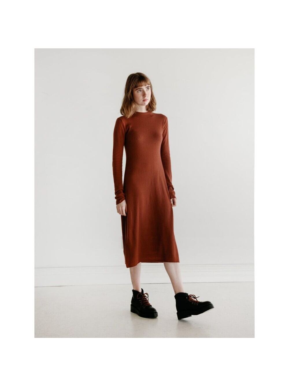 NWOT AURALEE Super Soft Wool Mock Neck Midi Dress in Red Brown SZ 0